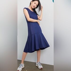 Maeve Anthropologie Ismene Navy Blue Metallic Cap Sleeve Drop Waist Midi Dress S